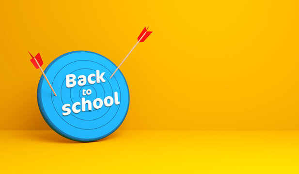 a target with two planted arrows and the text back to school for back to school offers - 3D rendering