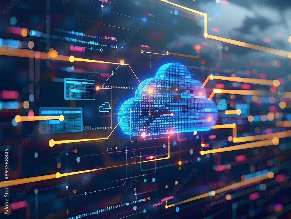 Poster interactive data flow diagram showcasing cloud computing with business applications