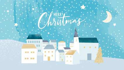 Fototapeta premium Cozy winter town, merry Christmas greeting card, watercolor textures on night snowy sky. Horizontal wide modern holidays greetings