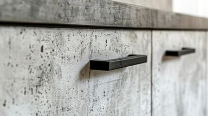 Laminate chipboard cabinet doors with concrete-like abstract pattern, vintage black handles, close-up. White structural dresser.