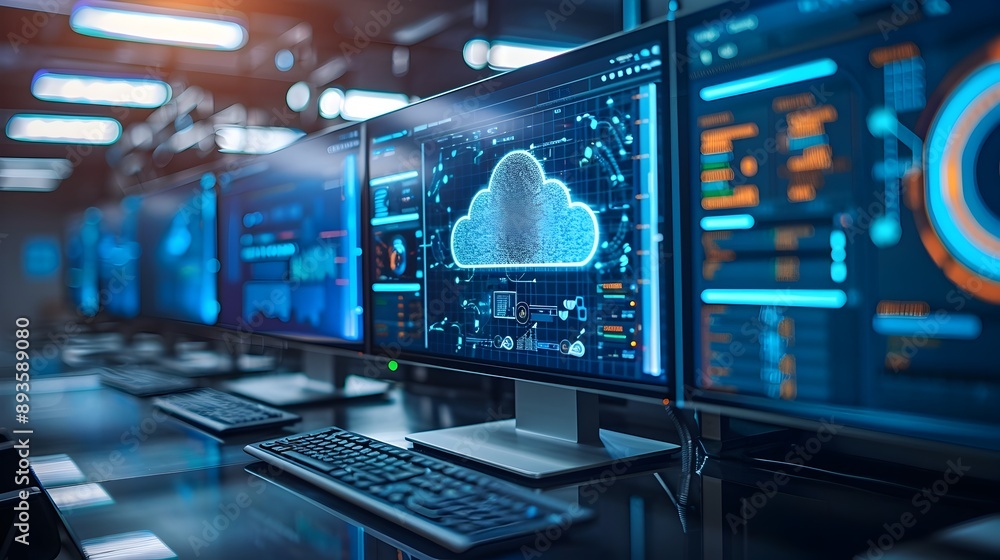 Poster it department monitoring cloud service performance and network health on multiple screens