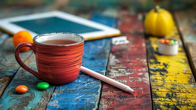 Creative Workspace with Coffee Cup, Tablet, and Paintbrushes