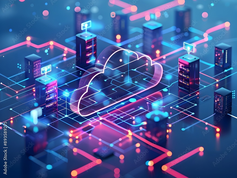 Poster holographic visualization of cloud computing network with servers storage and connected devices