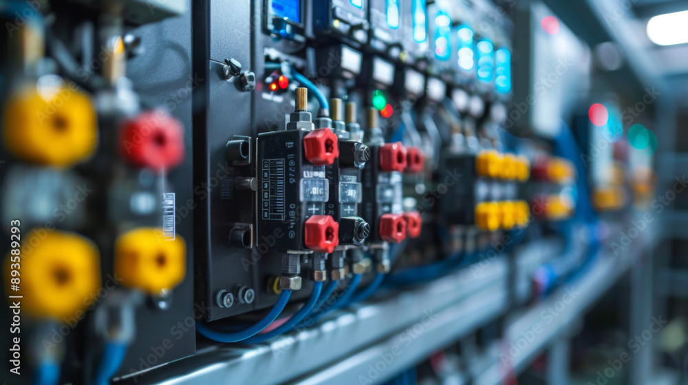 Poster detailed view of an industrial control panel with various wiring and components in a factory setting