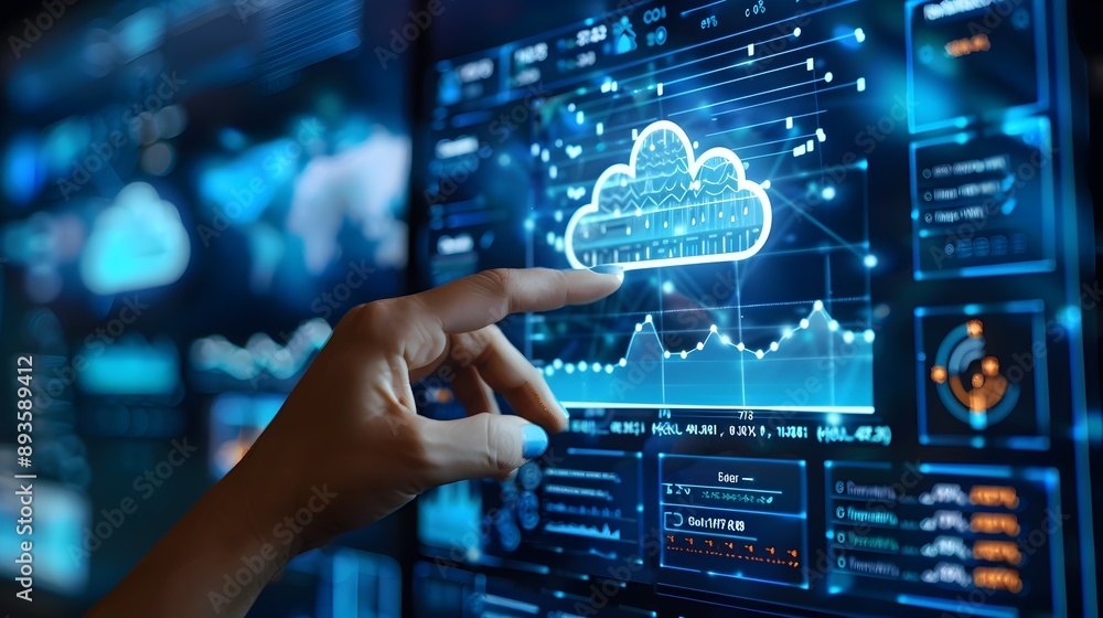 Poster business team analyzing cloud performance metrics and data analytics on virtual screen