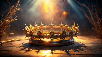 Delicate, intricate, and ornate Crown of Thorns relic sits atop a ornamental pedestal, surrounded by dimly lit mystical ambiance and subtle golden light.