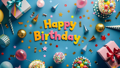 Colorful birthday celebration with vibrant decorations, balloons, cakes, and presents on a blue background. Perfect for party themes and celebrations.
