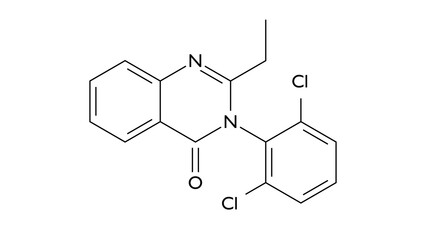 cloroqualone molecule, structural chemical formula, ball-and-stick model, isolated image sedative