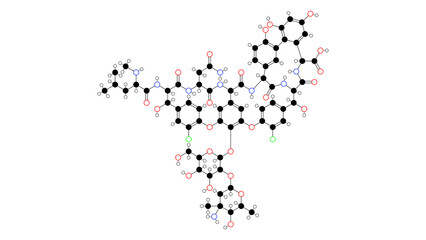 vancomycin molecule, structural chemical formula, ball-and-stick model, isolated image glycopeptide antibiotic