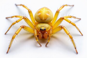 Vibrant yellow sac spider, Cheiracanthium inclusum, with distinctive white abdomen, posed on a pure white background, showcasing intricate details and subtle textures.
