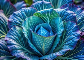 Obraz premium Vibrant blue cabbage showcases a mesmerizing marbled effect of bright cyan and dark brown hues, with intricate leaf patterns and delicate veins on display.