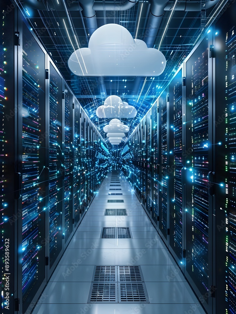 Poster virtual data center tour showcasing cloud servers and network connections cloud computing concept