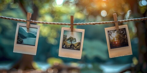 Three Polaroid Photos Hanging on a Clothesline