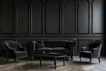 Elegant black living room interior with a couch, armchairs, and coffee table. Stylish, modern furniture against a dark wall paneling background.