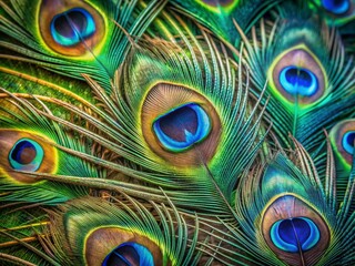 Obraz premium Vibrant peacock feather showcases iridescent blues and greens, intricate eye-like patterns, and delicate barbs, creating a stunning display of natural beauty and majestic elegance.