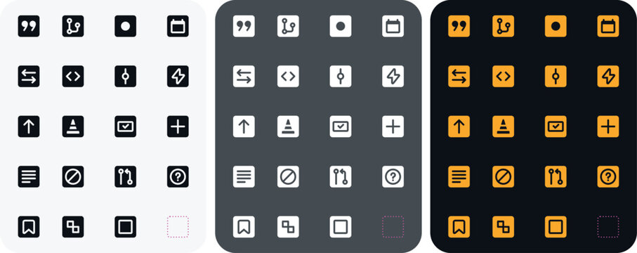 Developer icon set in three colours. Css, java, python coding dashboard icons collection in black colour. UI errors vector illustration