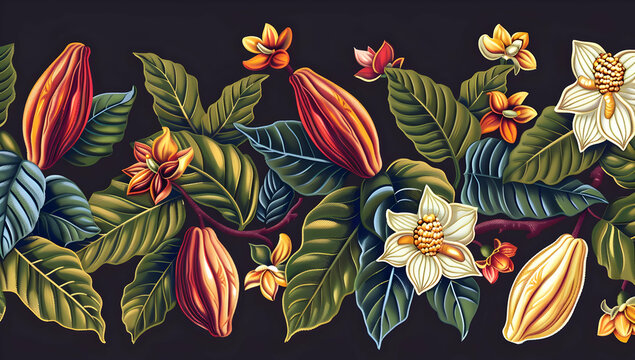 Seamless pattern with cocoa pods and tropical flowers on dark background. Vibrant botanical design perfect for textiles and wallpapers.