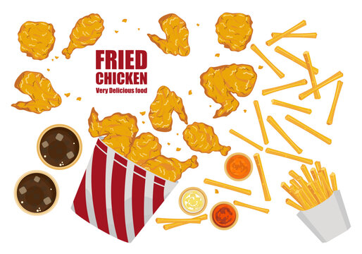 Set of delicious fast food illustrations. Fried chicken bucket. Fried chicken legs. Cute chicken cartoon style. Isolated on a white background for poster design, and advertisement.