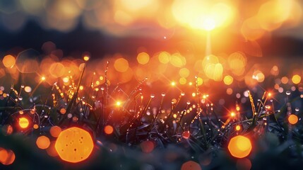 Sunset rays catching on each dew drop on a patch of grass, turning them into glowing orbs of light with a bokeh effect.