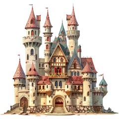 Fototapeta premium A whimsical fairytale castle with multiple towers and a grand entrance. Isolated on white.