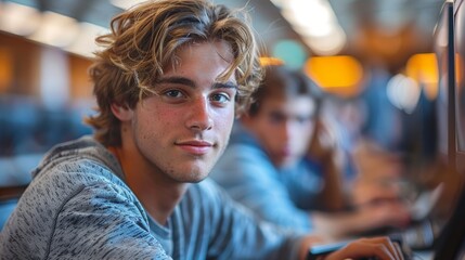 A Blurry Background Highlights A Young Man's Focused Gaze In A Modern Library Setting. Generative AI