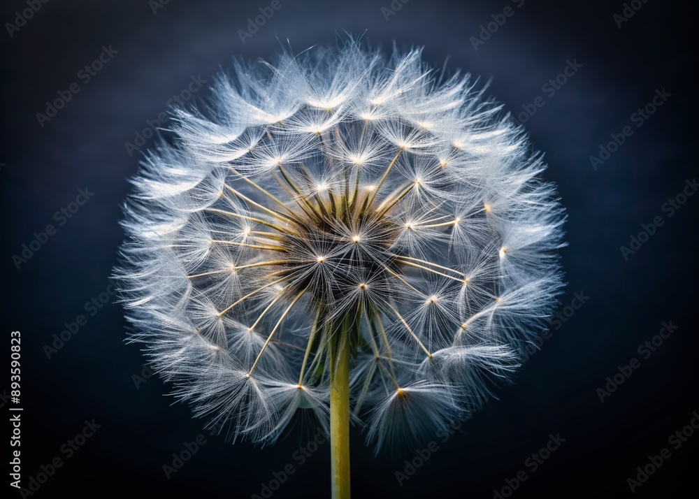Poster delicate white dandelion petals and fuzzy stem stand out against a dark background, creating a strik