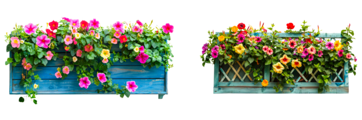 A colorful flower box with a trellis and blooming trumpet vines isolated on transparent background. 