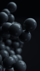 Beautiful black abstract background. 3d spheres or balls floating. Beautiful fashion wallpaper or template. 3d rendering illustration not AI