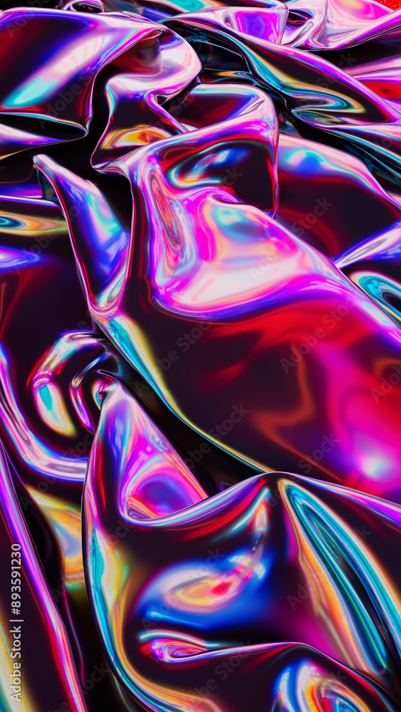 Poster abstract 3d rendering. retro digital fabric. sci-fi background. holographic neon foil. rainbow refle
