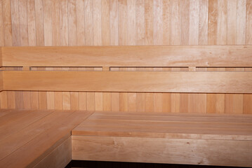 Interior of a wooden Finnish sauna bath.