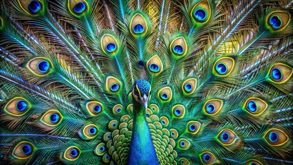 Obraz premium Vibrant peacock feathers unfold in stunning display, showcasing iridescent blue and green hues in intricate patterns, set against a clean, minimalistic background with ample copy space.