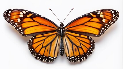 Fototapeta premium Vibrant monarch butterfly with open wings in top view, showcasing distinctive orange and black veins, isolated on a pure white background, epitomizing summer's warmth.