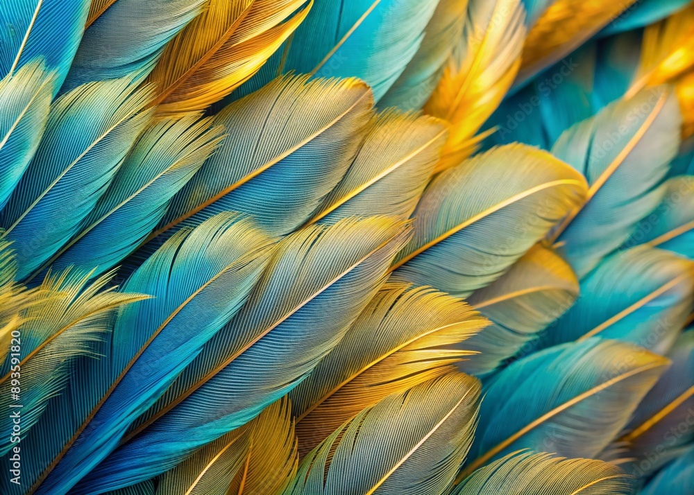 Poster vibrant light blue and gold feathers from a tropical bird form a stunning closeup background with a 