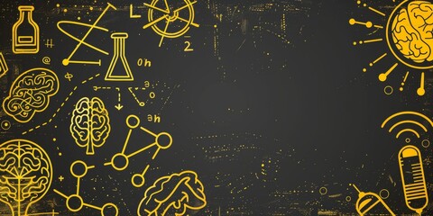 Science and Technology background with brain and chemistry illustrations, perfect for showcasing innovation in STEM, including neuroscience, research, math, physics, biology, and technology