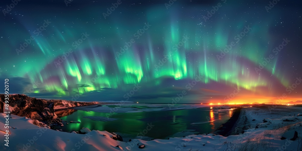 Sticker Aurora Borealis over Icelandic Landscape