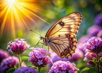 Obraz premium Delicate butterfly with intricate wings rests on soft, velvety petals of a lush purple flower, surrounded by lush greenery in warm, sunny light.