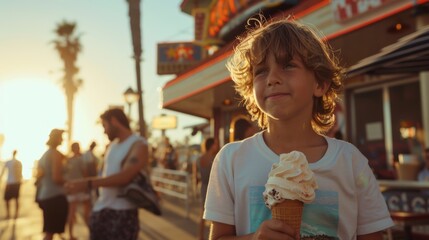 Street style fashion photo of a kid with an ice cream cone, captured in a California beach town with surf shops and beachside cafes in view.