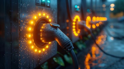 Electric vehicle charging station illuminated on rainy night