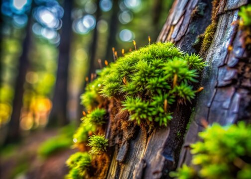 Intimate close-up of moss on weathered tree bark, showcasing intricate tiny leaves, delicate stems, and vibrant green spores in a miniature forest ecosystem.