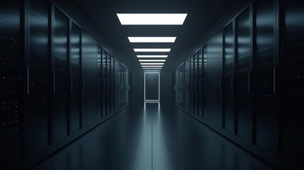 Fototapeta premium A dark corridor lined with server racks, illuminated by overhead lights, creating a futuristic and tech-inspired atmosphere.