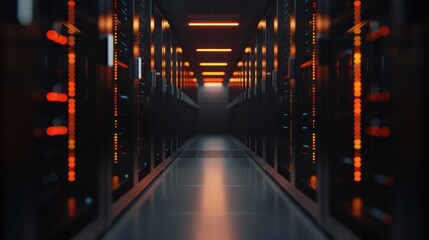 A perspective view of a data center aisle, showcasing illuminated server racks with bright orange lights and modern technology.