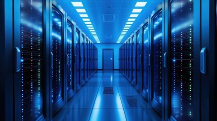 Fototapeta premium A futuristic data center corridor with glowing blue lighting and rows of high-tech server racks in a modern digital environment.