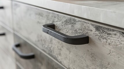 Laminate chipboard cabinet doors with concrete-like abstract pattern, vintage black handles, close-up. White structural dresser.