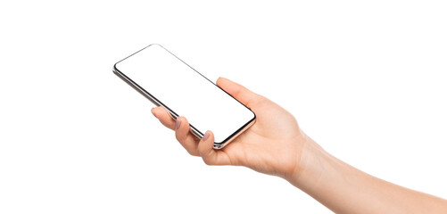 Woman's hand presenting modern smartphone with blank screen, isolated over white background, panorama
