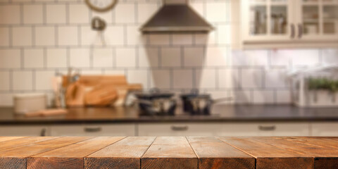 Empty wooden table with copy space for products. Blurred bright kitchen interior background. 