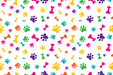Cute Colorful Bone And Cat Or Dog Paw Pattern Background. Wallpaper. Vector Illustration