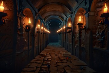 Fototapeta premium Scary endless medieval catacombs with torches. Mystical nightmare concept. 3D Rendering. Generative AI