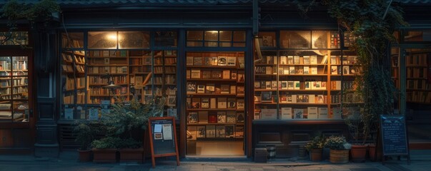 Cozy bookstore window, handwritten 10 off on vintage paper, warm evening glow, front view