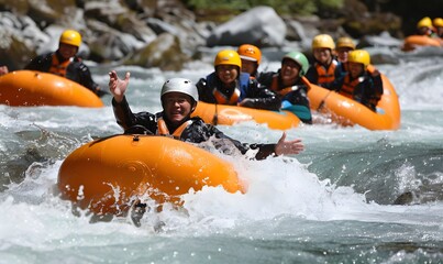 Group of people enjoying a thrilling river tubing adventure