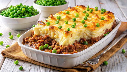 Hearty ground beef cottage pie baked to perfection with sautéed onions and peas, topped with crispy mashed potatoes, on a clean white kitchen background.